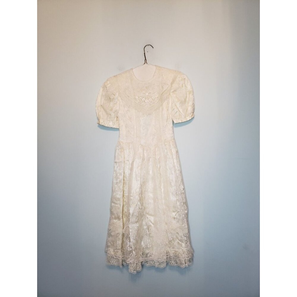 Vtg Jessica McClintock Gunne Sax Girls 10 Prairie Dress Cottagecore White Lace - Picture 1 of 5